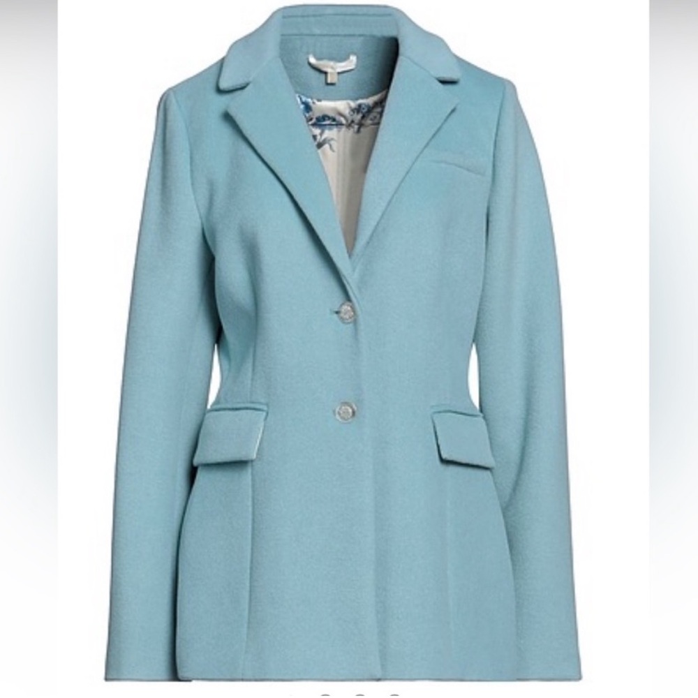 LoveShackFancy Lula Wool Blend Coat in Robin’s Egg Blue with Crystal Buttons